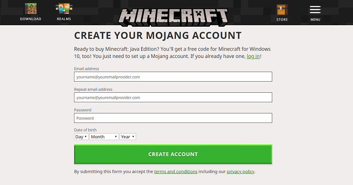 Create Minecraft Account