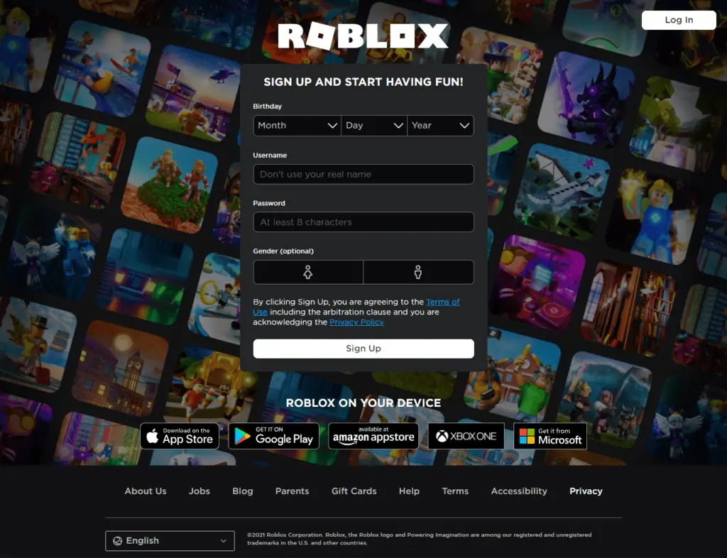 sign up roblox