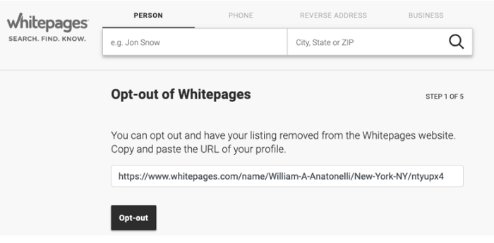 whitepages remove