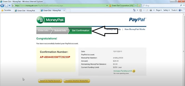 get confirmation transfer money from greendot to paypal
