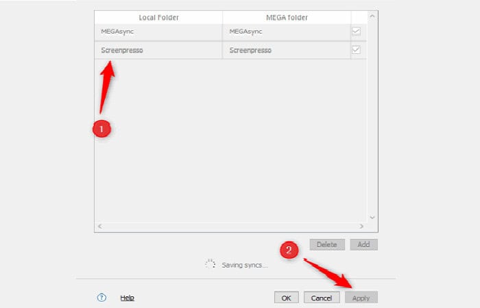 sync folders in mega