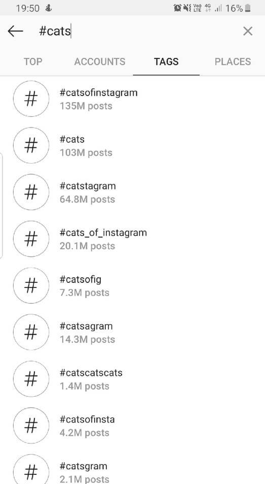 search of hashtags