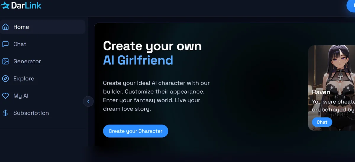 DarLink AI home interface with character creation, chat and generator options