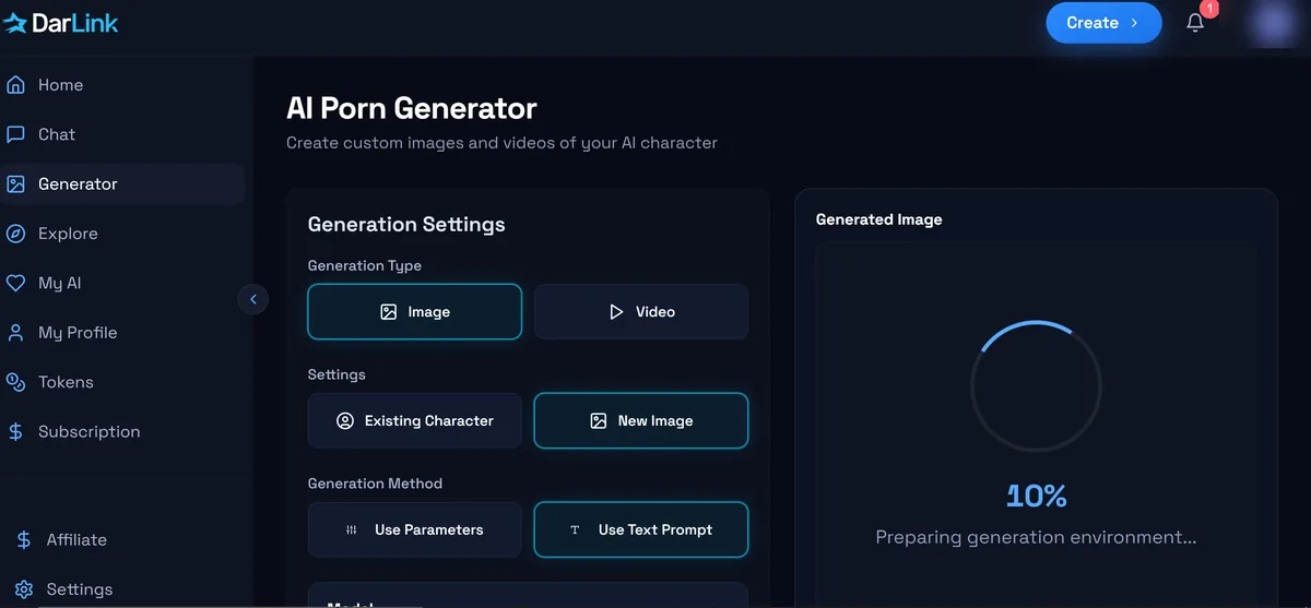DarLink AI generator offering image or video creation with parameters or a text prompt