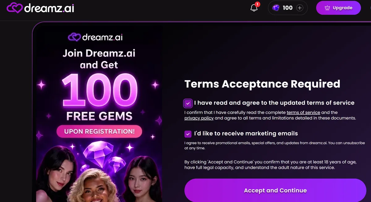 Dreamz.ai registration screen advertising 100 free gems and requesting terms acceptance