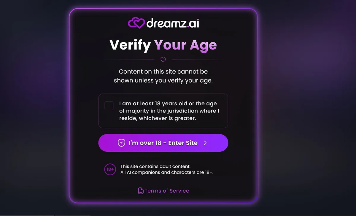 Dreamz.ai age-verification screen requiring users to confirm they are over 18
