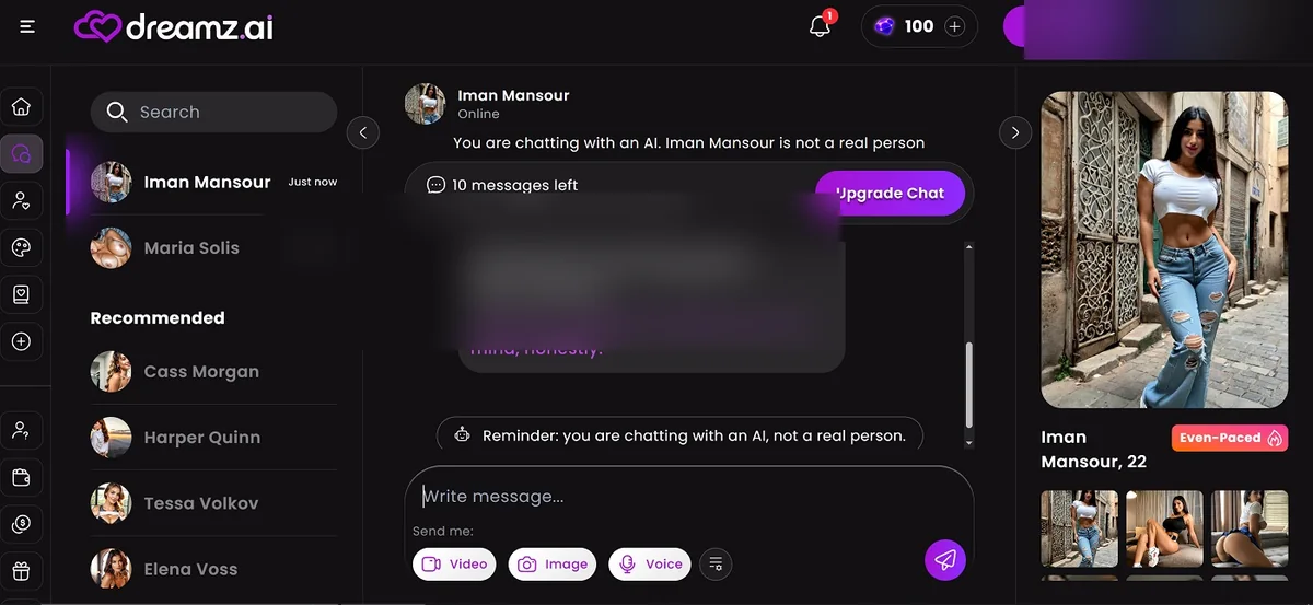Dreamz.ai character chat showing 10 messages left, an AI disclosure and media request buttons